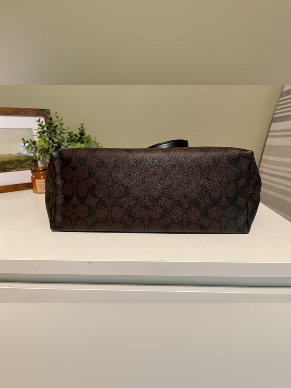 COACH Dark Brown Signature Canvas Tote with Black Straps - Picture 2 of 9